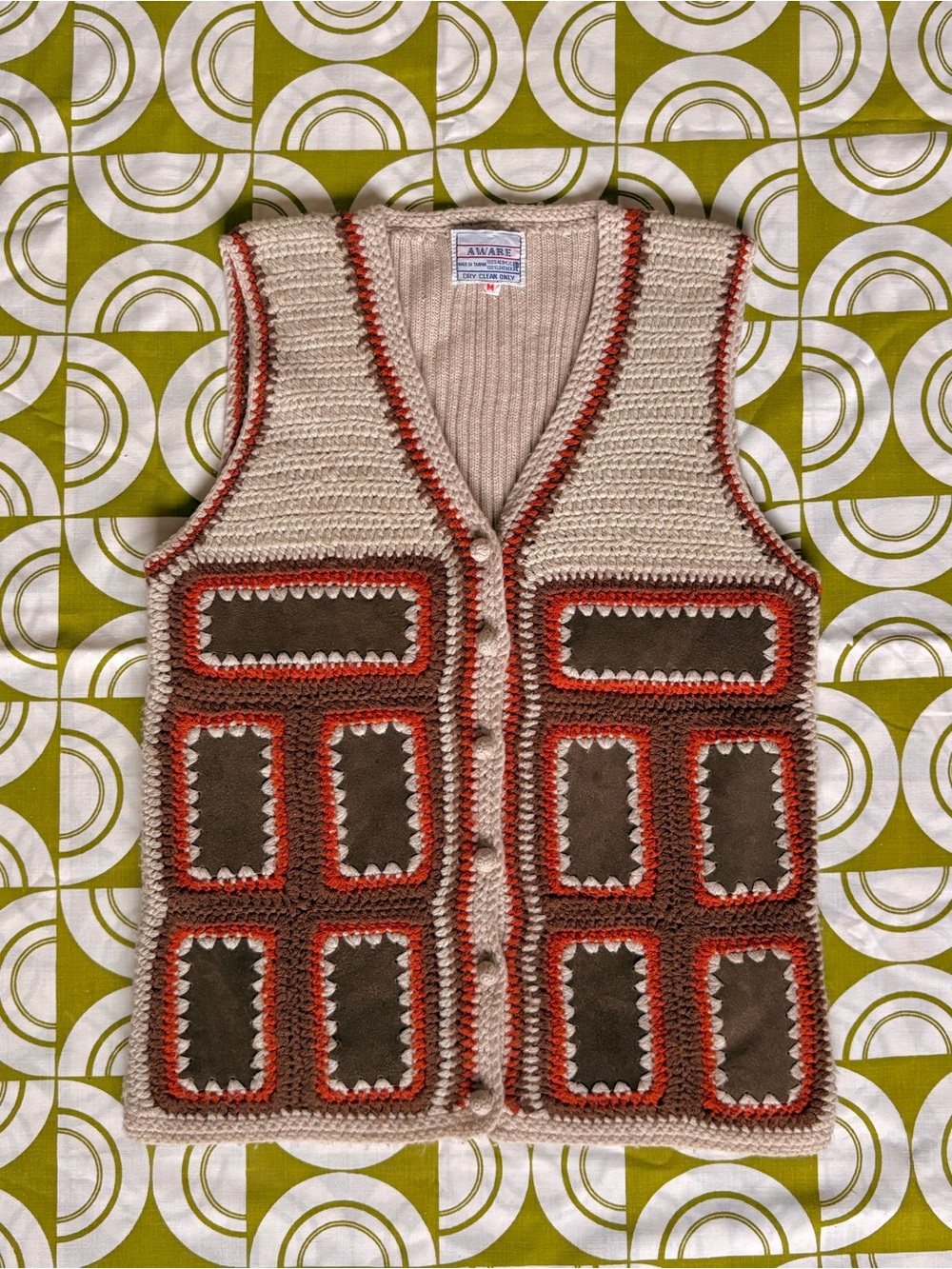 Vintage 70s Aware Knit Leather Retro V-Neck Sweater Vest
